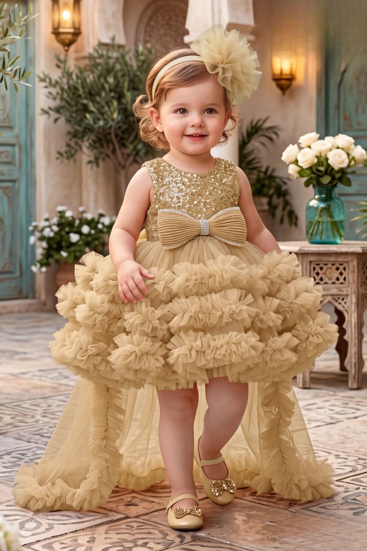 Girls Fawn Sequin High-Low Party Wear Frock