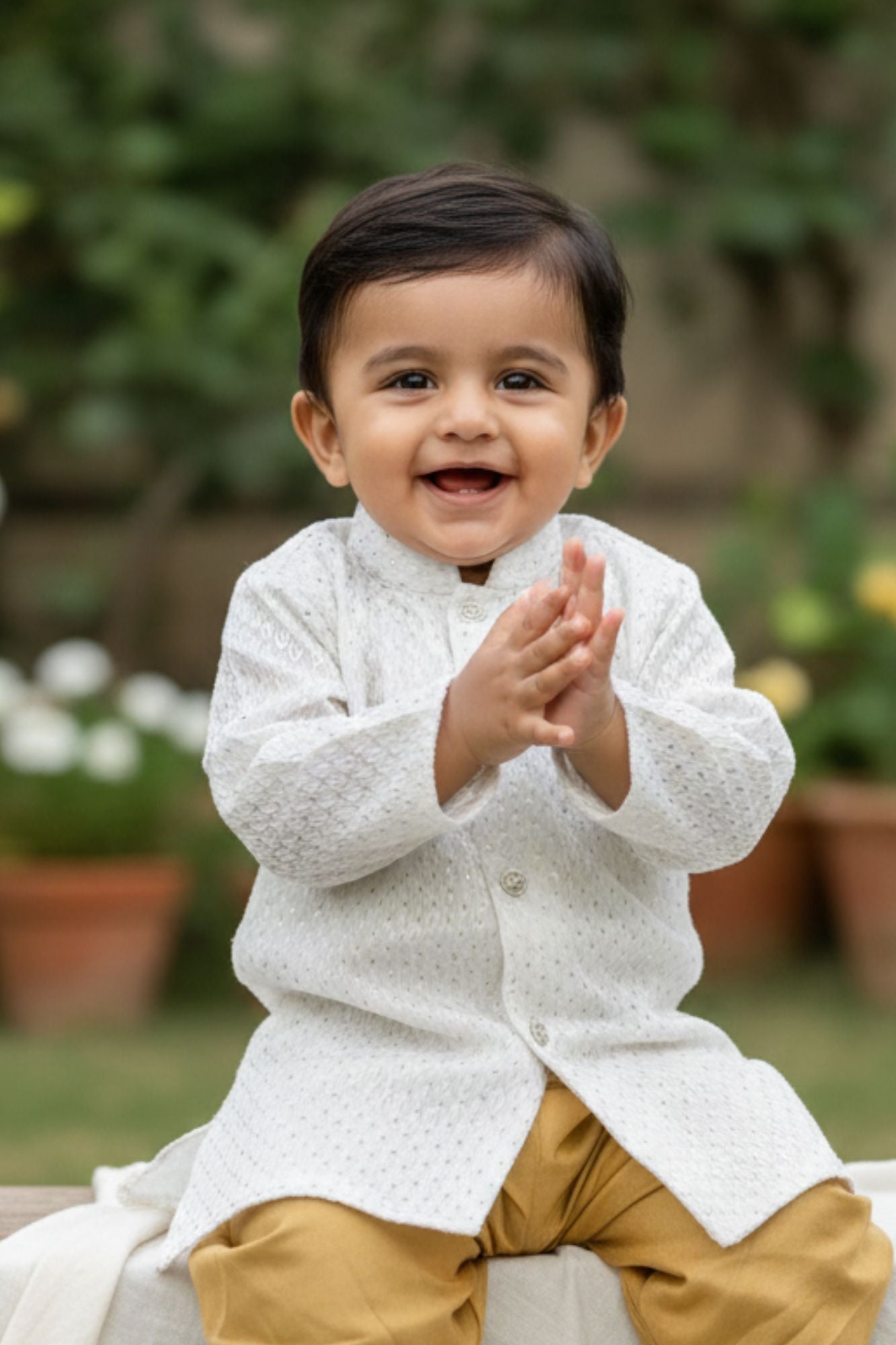 White Sequins Embroidered Kurta And Dhoti Set For Boys