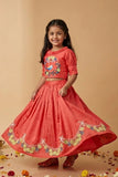 Coral Bird Embroidered Lehenga Choli Set For Girls