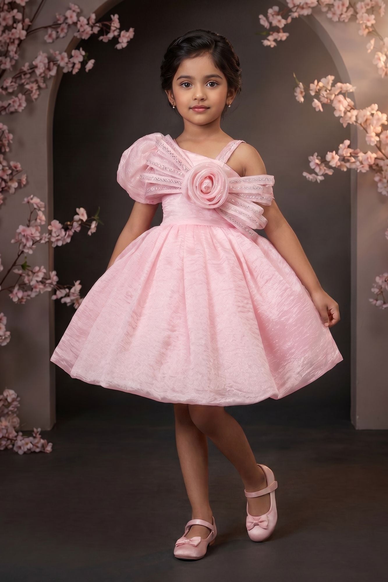 Pink One-Shoulder Party Frock with 3D Floral Bow For Girls