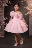 Pink One-Shoulder Party Frock with 3D Floral Bow For Girls