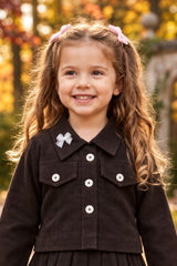 Girls Brown Stylish Bow-Detail Top and Pleated Skirt Set