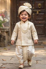 Royal Boys Ivory Gold Woven Sherwani Dhoti Set With Sequin Embroidey