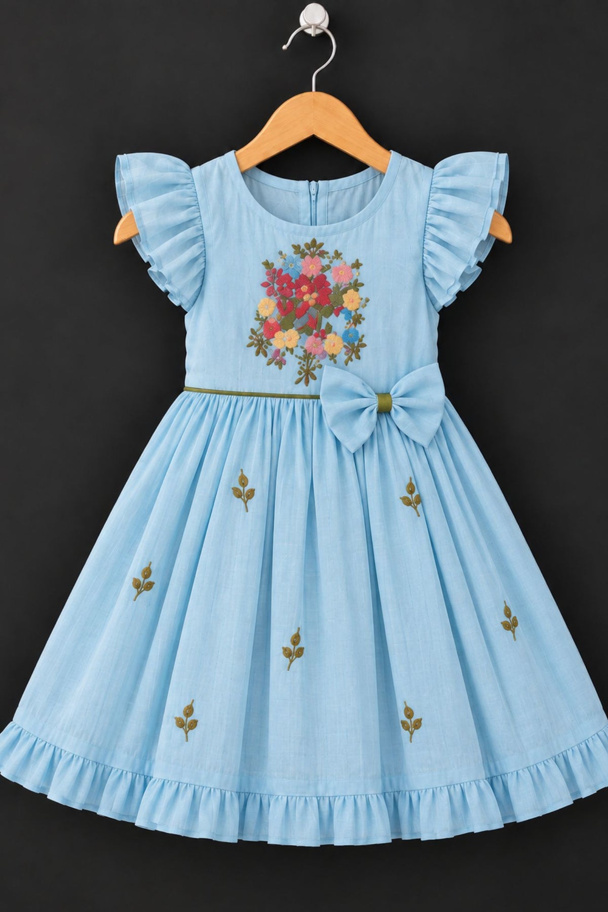 Sky Blue Floral Embroidered Ruffle Sleeve Flared Dress For Girls