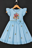 Sky Blue Floral Embroidered Ruffle Sleeve Flared Dress For Girls