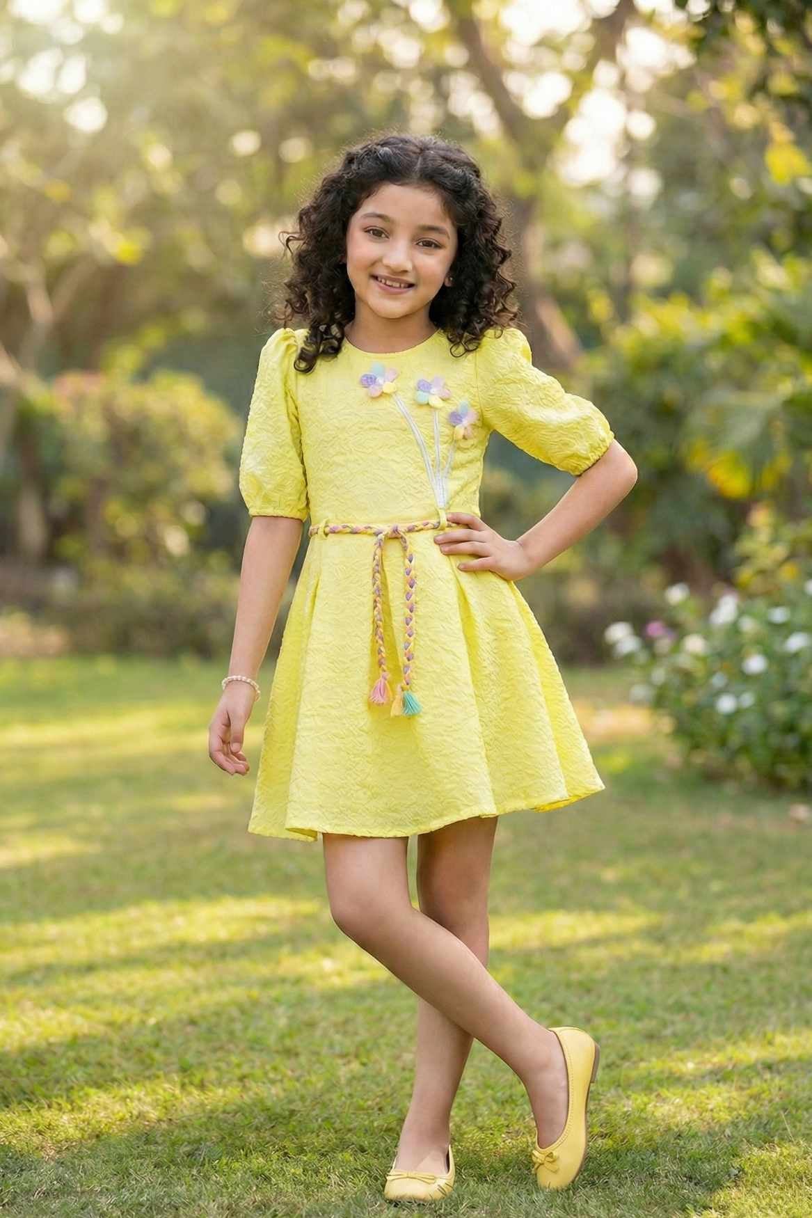 Lemon Yellow Puff Sleeve Casual Frock with Rainbow Belt & 3D Floral Appliqué For Girls