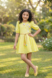 Lemon Yellow Puff Sleeve Casual Frock with Rainbow Belt & 3D Floral Appliqué For Girls
