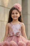Dusty Pink High-Low Party Wear Frock With Floral Embellishment For Girls