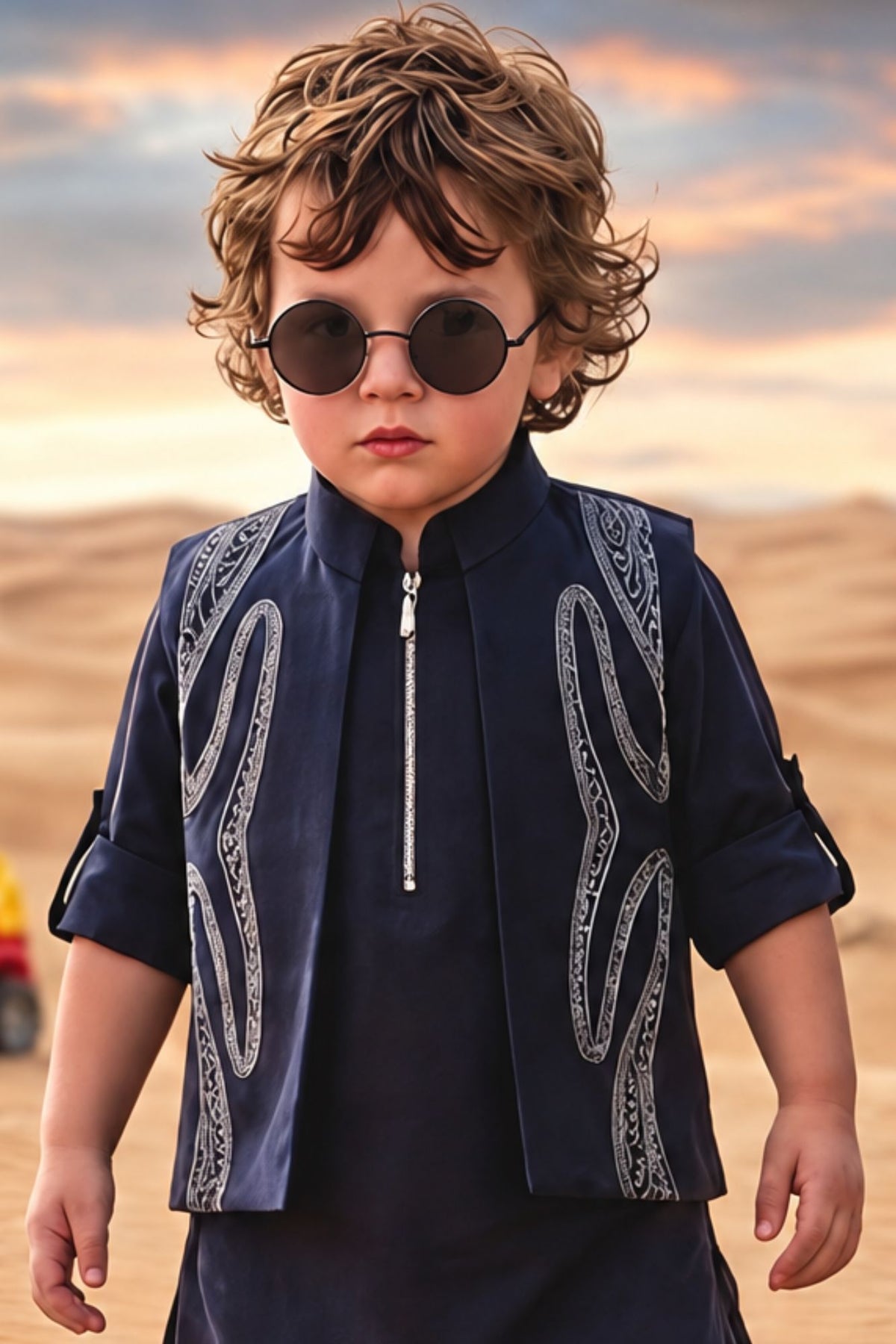 Boys Navy Blue With Silver Embellished Jacket Kurta Set With Nehru Jacket