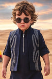 Boys Navy Blue With Silver Embellished Jacket Kurta Set With Nehru Jacket