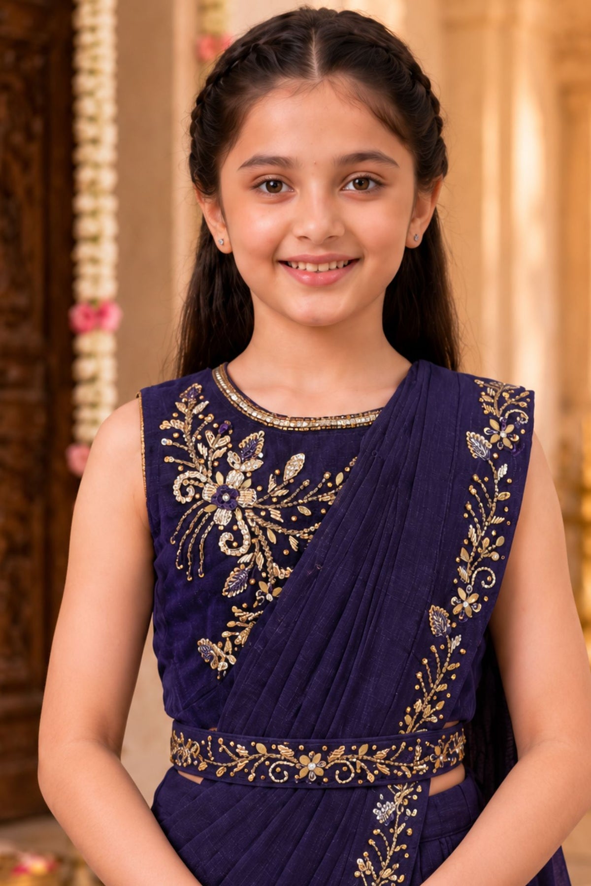 Girls Purple Embroidered Pre-Stitched Drape Saree Set