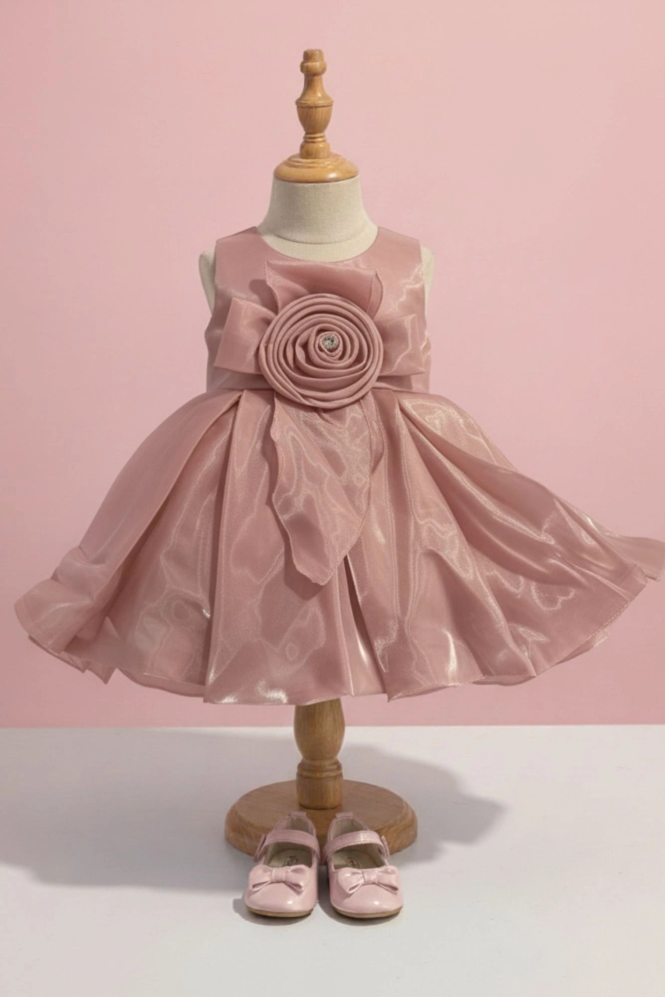 Onion Pink Party Frock with Rosette Bow and Shimmer Layers For Girls