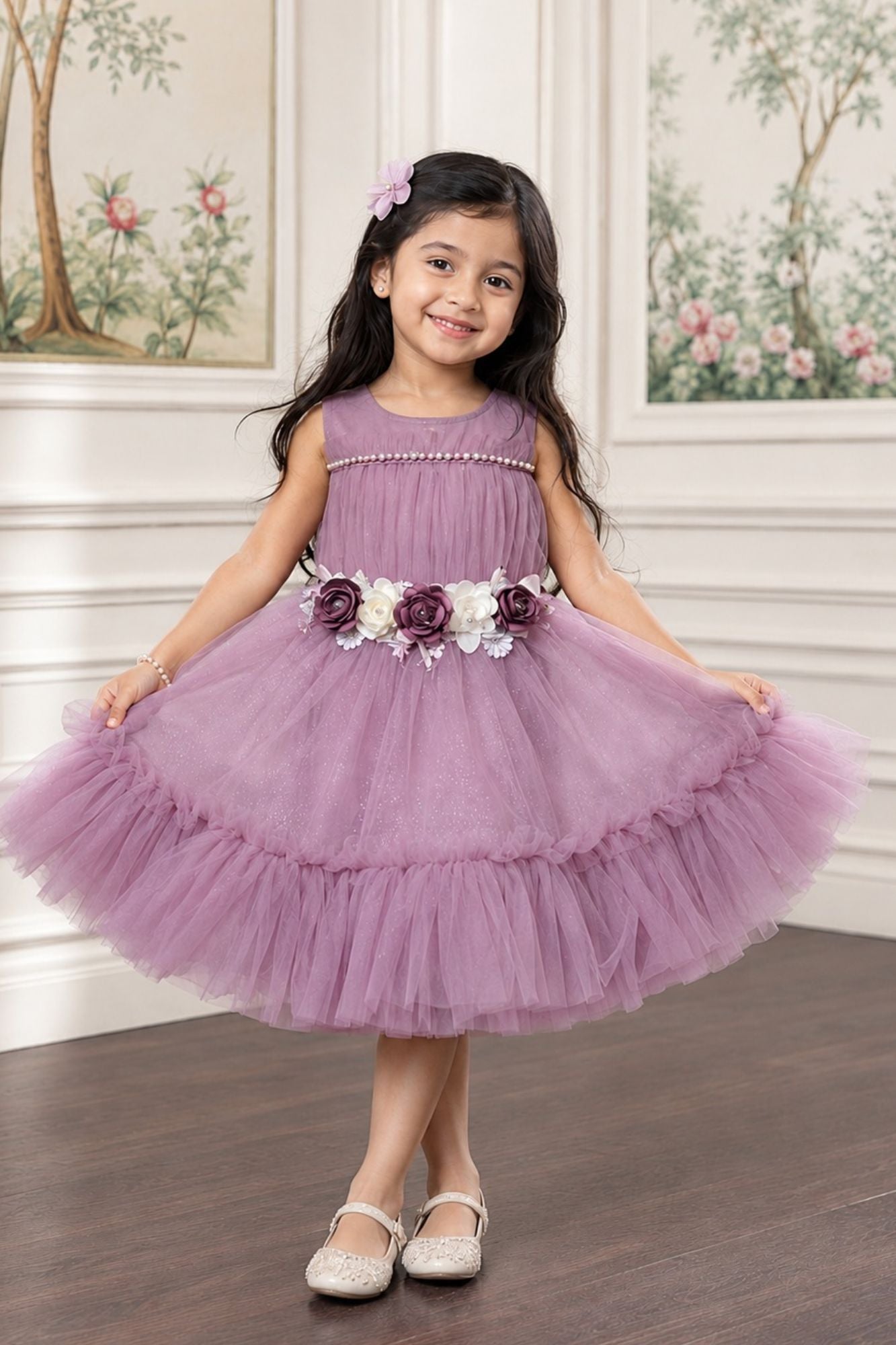 Girls Onion Pink Floral Tulle Party Wear Frock