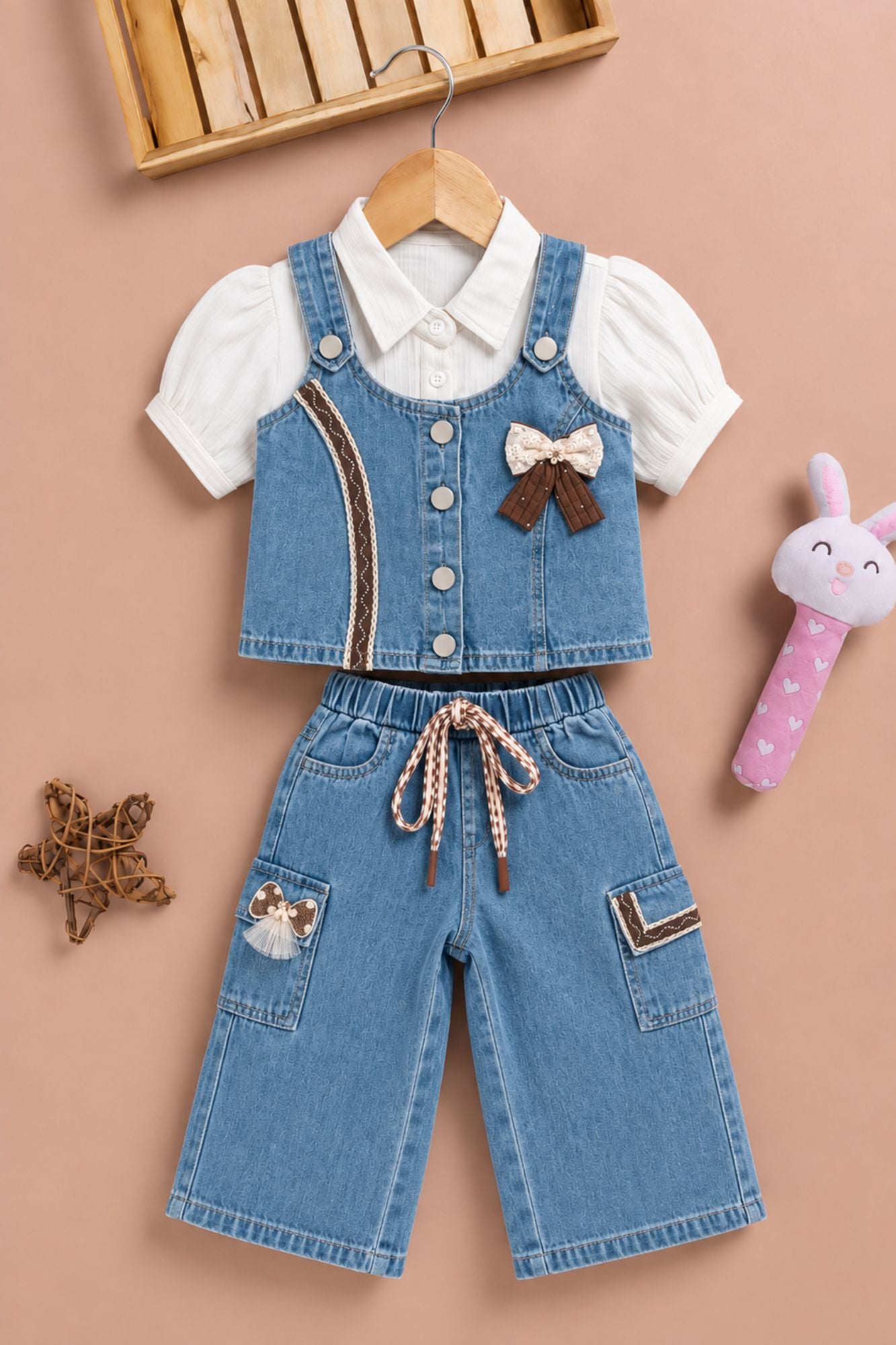 Girls Light Blue Denim 3 Piece Co-Ord Set With Decorative Bow