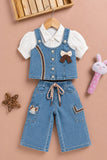 Girls Light Blue Denim 3 Piece Co-Ord Set With Decorative Bow