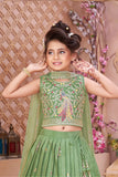 Pista Green Peacock Embroidered Lehenga Choli with Dupatta For Girls