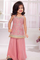 Peach Mirror Worked Embroidery Top And Palazzo Set For Girls