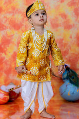 Mustard Krishna Janmashtami Batique Print kurta With Dhoti For Boys