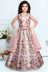 Pink Sleeveless And Floral Printed With Mirror Work Lehenga Choli Set For Girls