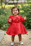 Elegant Cherry Red Party Frock with Center Flower Detail For Girls
