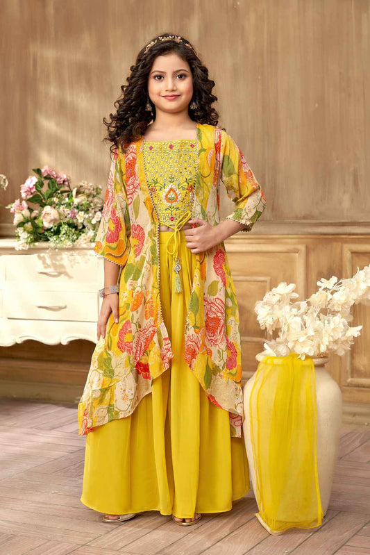 Mustard Printed And Mirror Work With Overcoat Palazzo Set For Girls