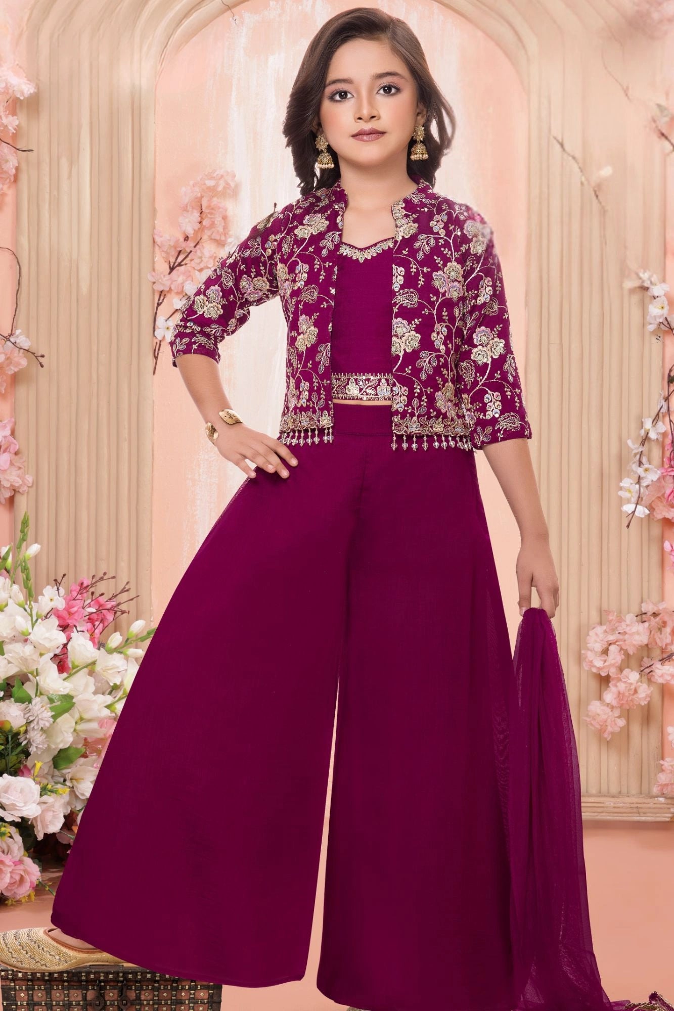 Wine Purple Palazzo Set with Embroidered Jacket For Girls
