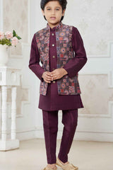 Wine Full Sleeves Kurta With Floral Print And Sequin Embroidered Waist Coat Set For Boys