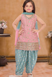 Pink Sleeveless Kurti with Foil-Print Teal Patiala And Dupatta For Girls