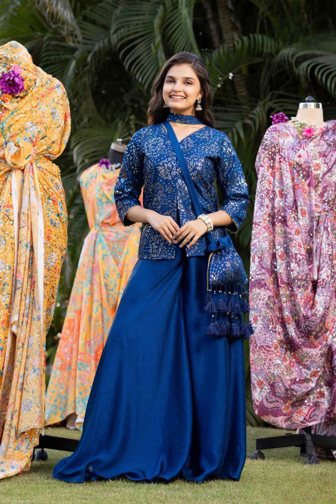 Stylish Blue Printed Palazzo Set With Sling Potli Bag For Girls