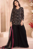 Black Palazzo Set with Multicolor Floral Embroidered Top And Dupatta for Girls