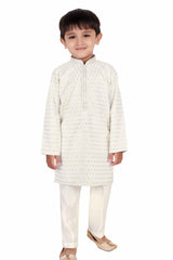 Cream Sequin Kurta And White Bottom Set For Boys