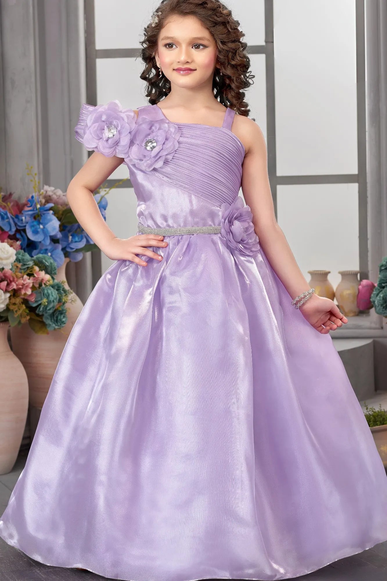 Elegant  Lavender Pleated & Floral Embellished Gown For Girls