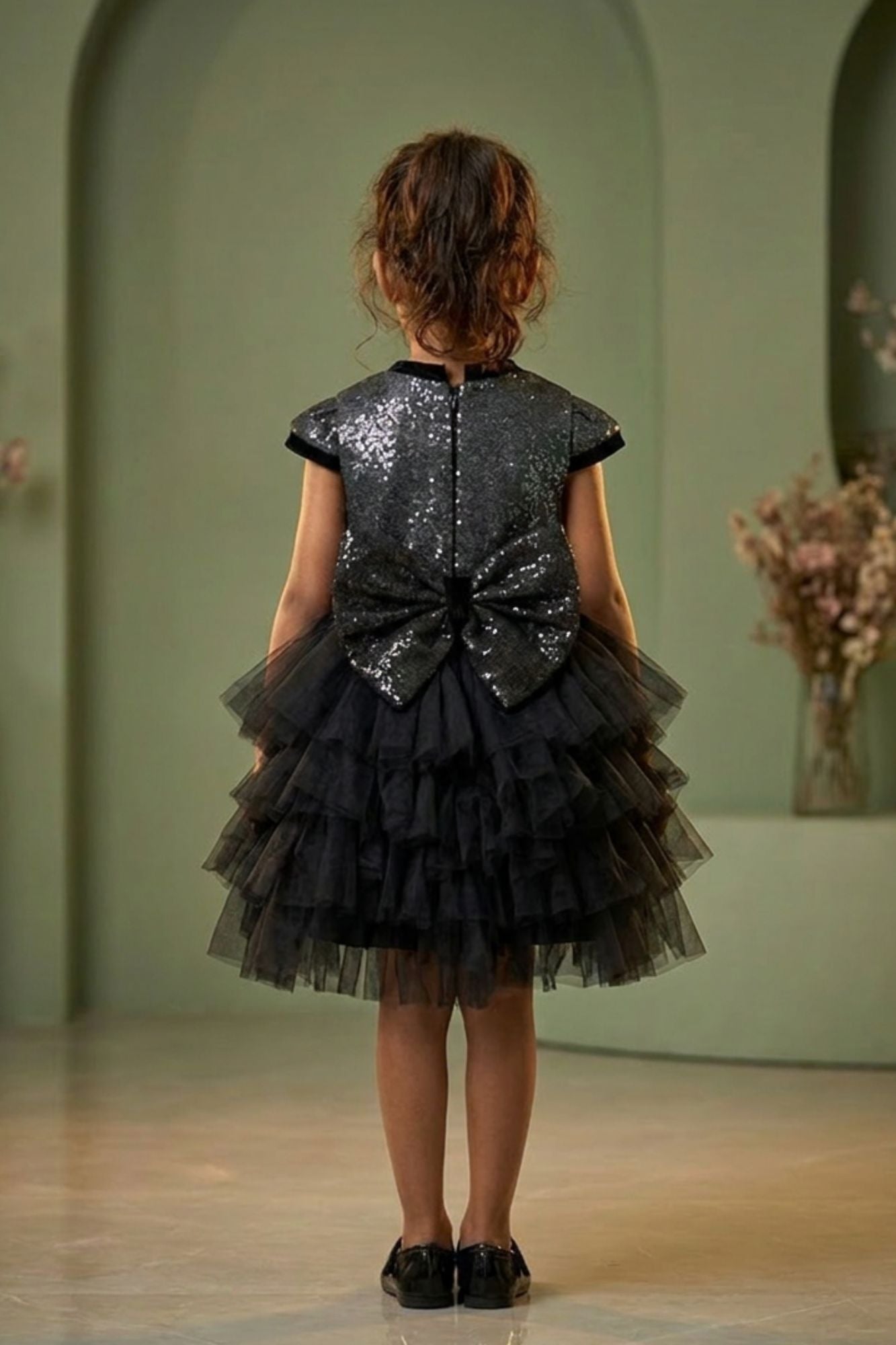 Girls Black Party Wear Frock with Sequin Embellishments