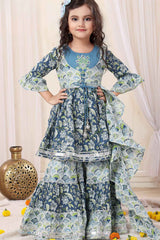 Blue Floral Embroidered And Floral Printed Sharara Set For Girls