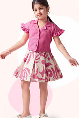 Onion Pink Printed Skirt With Top Set For Girls