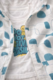 White And Teal Graphic Print T-Shirt & Printed Hooded Zipper Jacket Set For Boys