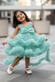 Green High-Low Party Wear Tulle Frock with Bow Detail For Girls