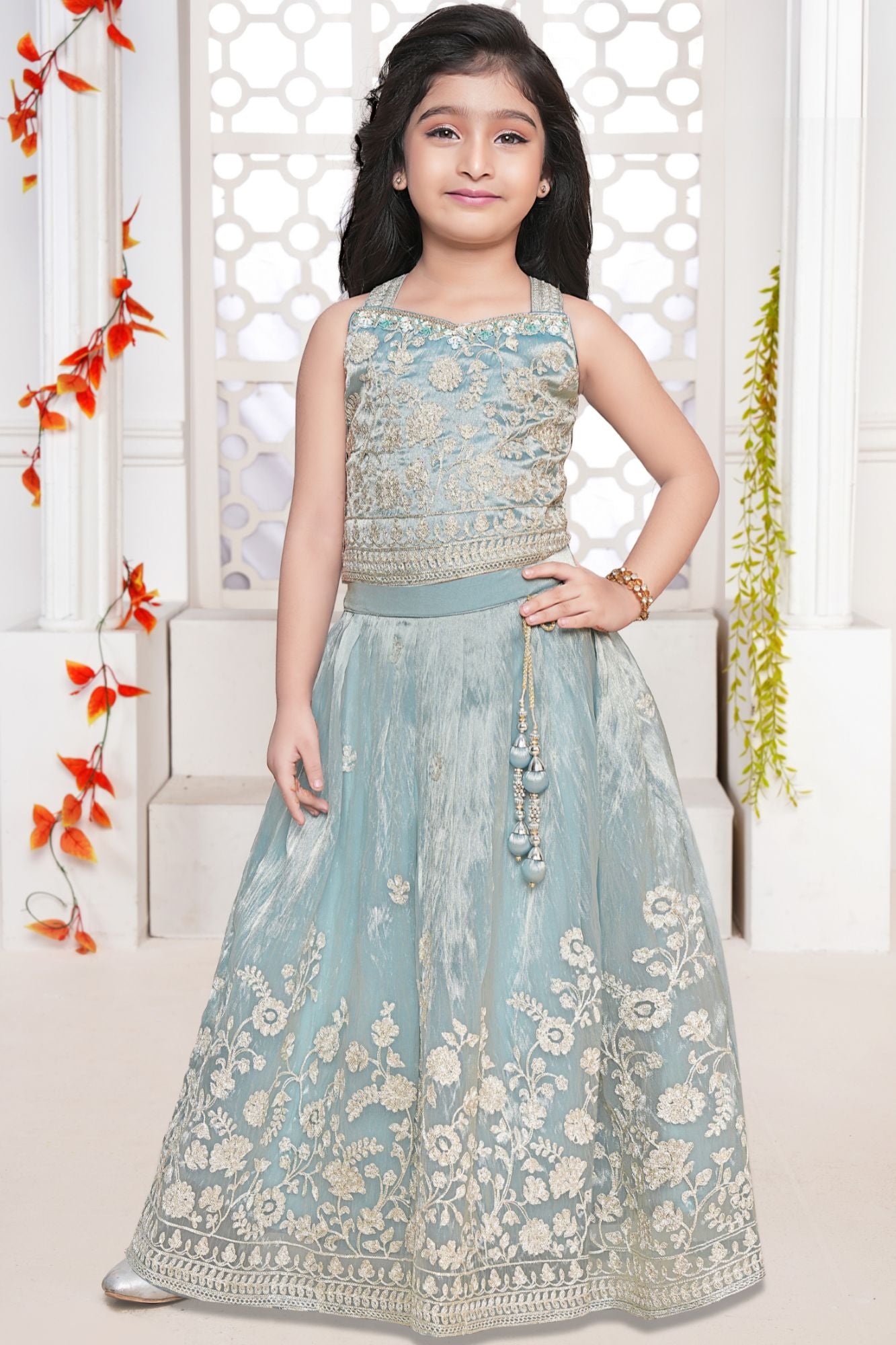 Sky Blue Heavy Embroidered Lehenga Choli For Girls