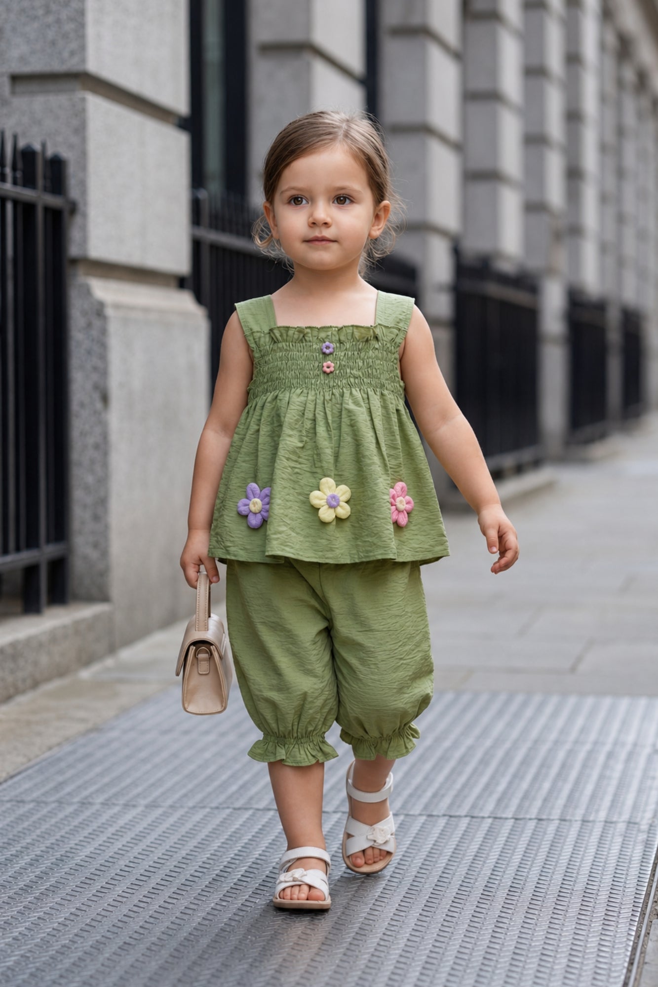 Olive Green Floral Appliqué Top and Capri Co-Ord Set With Floral Applique