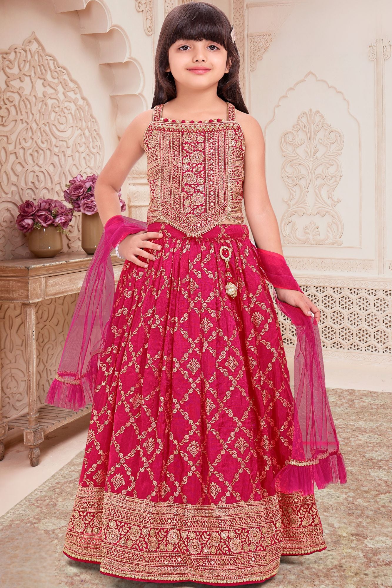Girls Rani Pink Embroidered Lehenga Choli Set with Dupatta