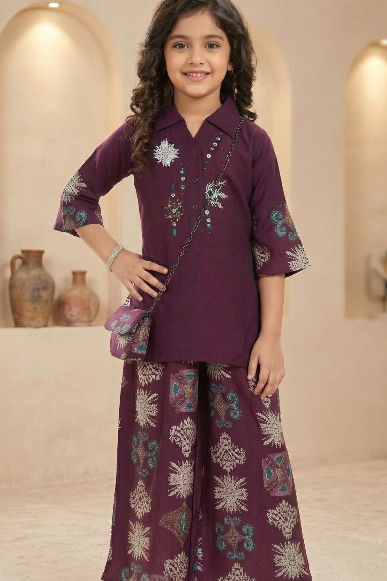 Wine Ethnic Printed Co-Ord Set For Girls