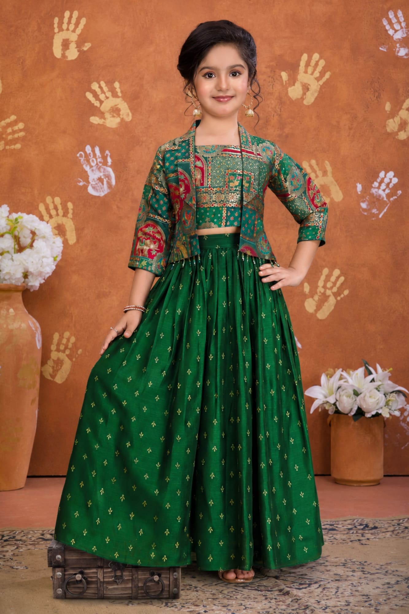 Girls Emerald Green Printed Palazzo Set with Jacket and Palazzo Pants