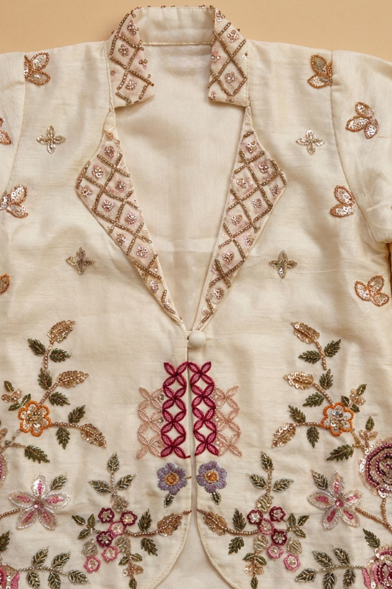 Ivory Embroidered Jacket & Palazzo Set With Designer Jacket