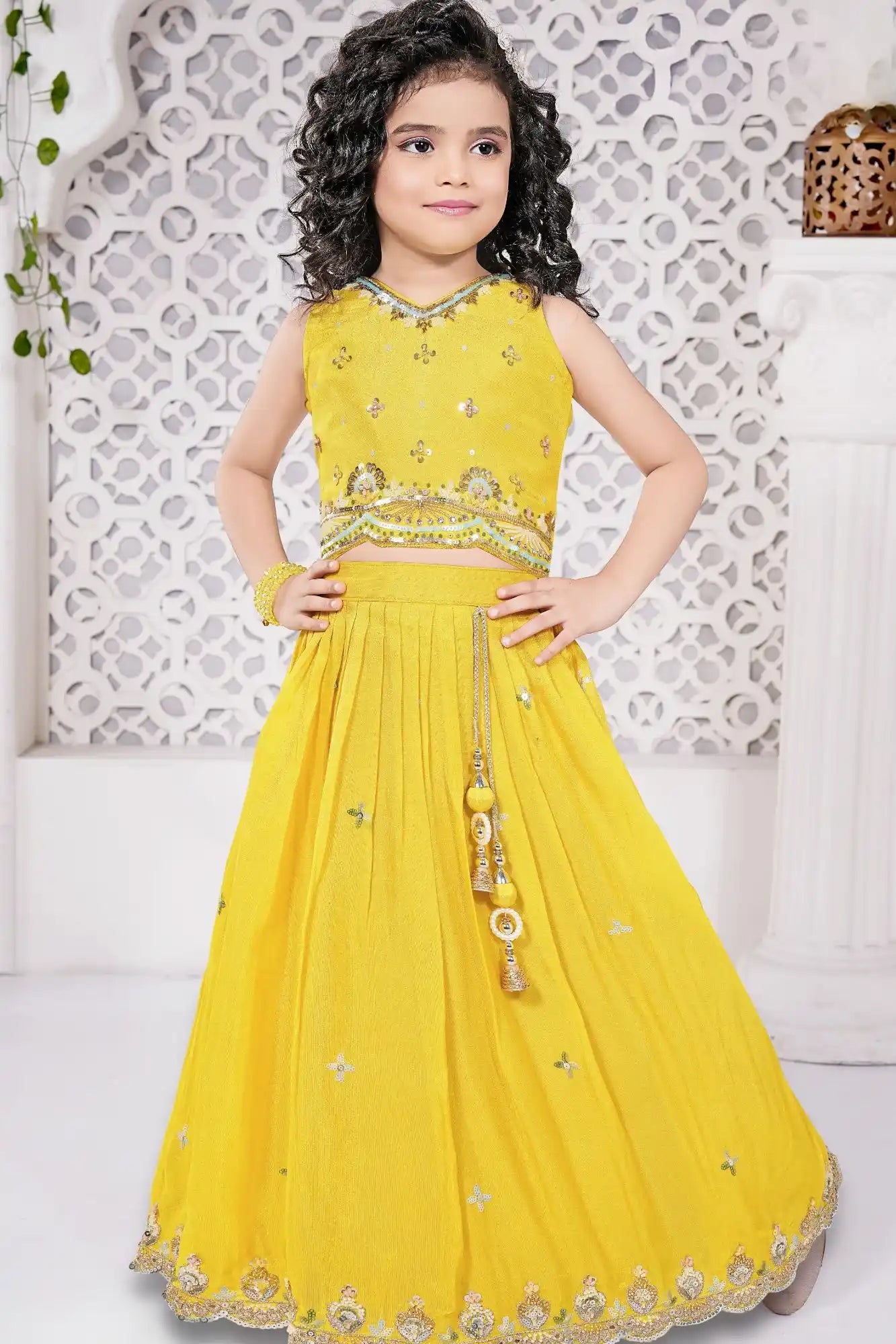 Yellow Embellished Lehenga Choli Set for Girls