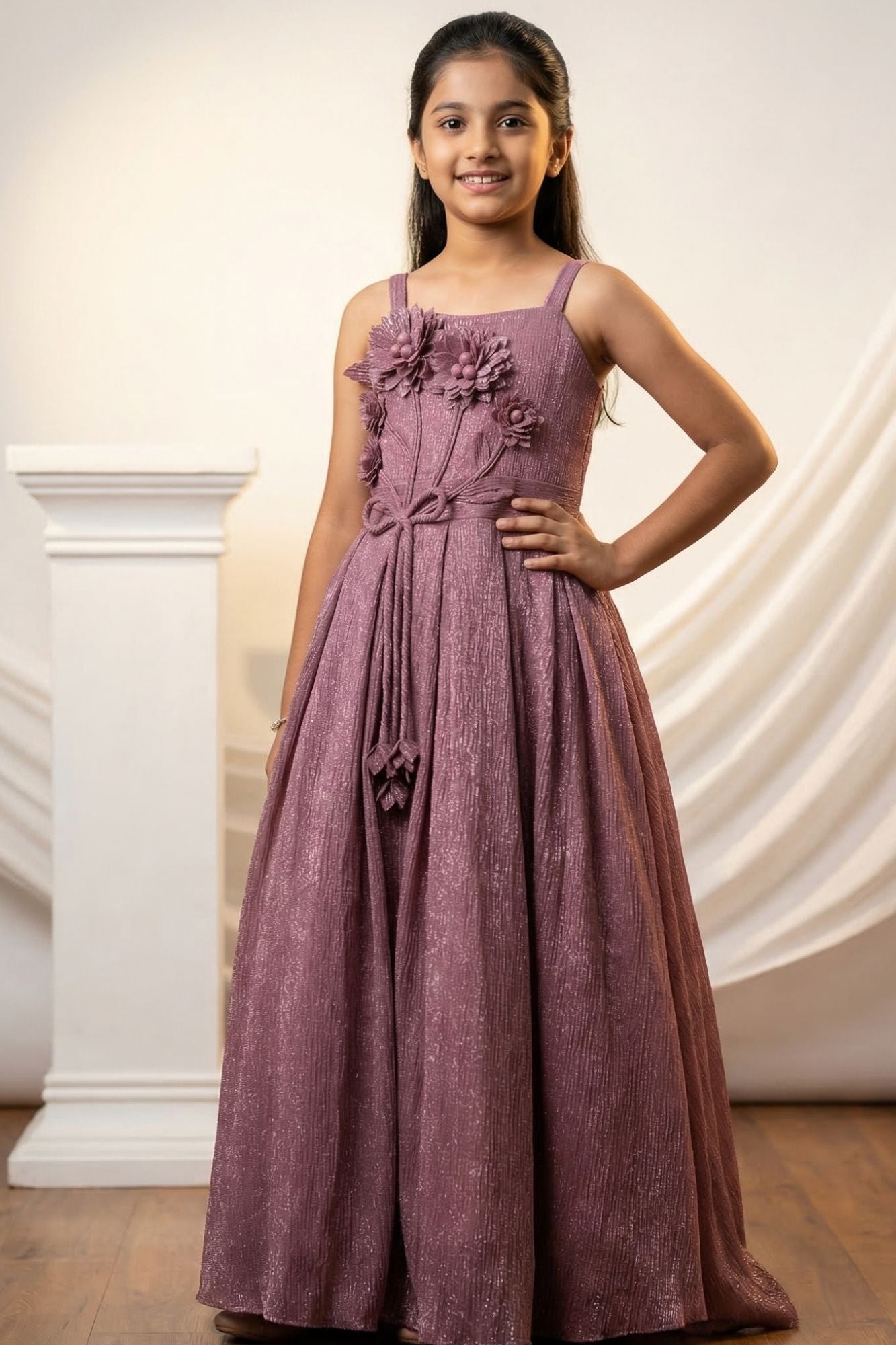 Mauve Shimmer Party Wear Gown with 3D Floral Appliqué For Girls