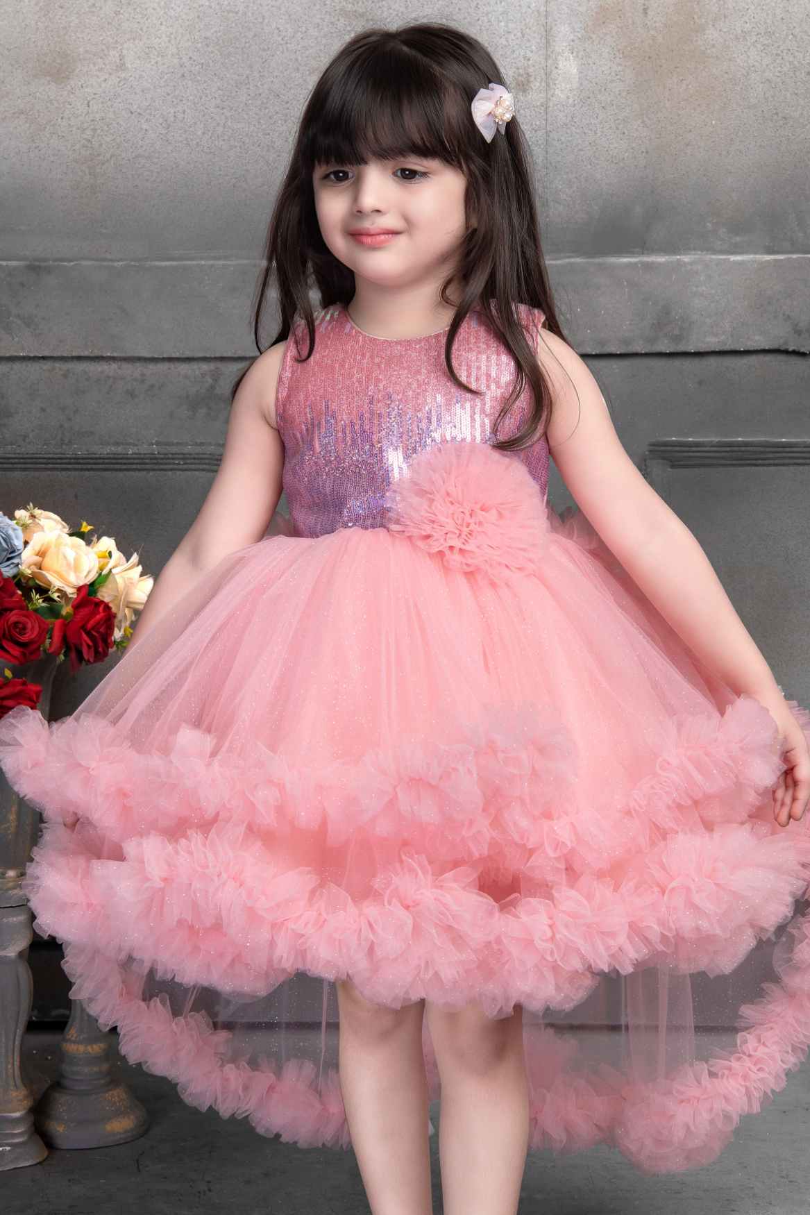 Peach Sequin Partywear Net Tailback Frock For Girls