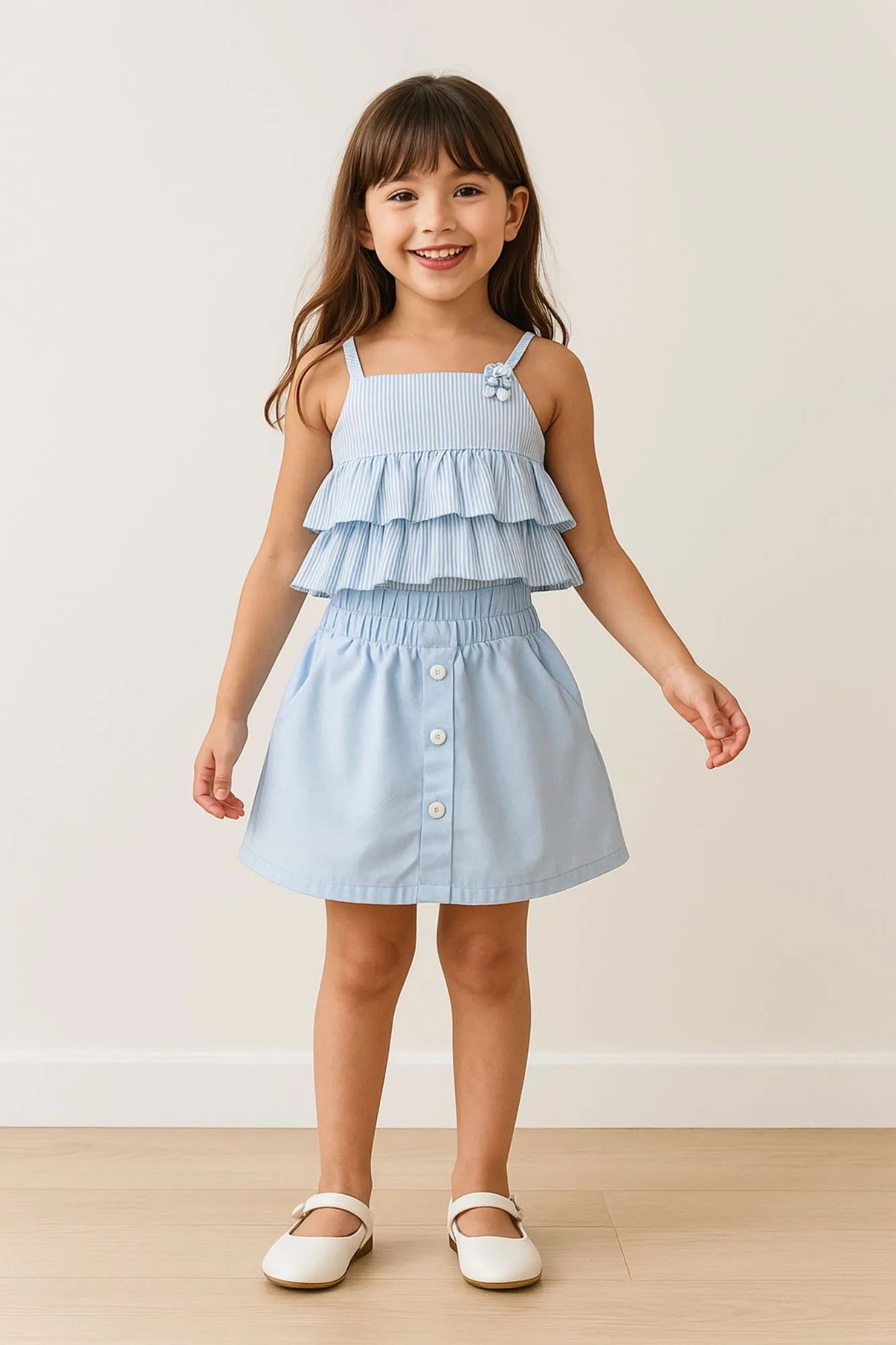 Powder Blue Ruffle Top and Skirt Co-ord Set For Girls