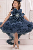 Teal Blue Tailback Frock With Floral Embellishments For Girls