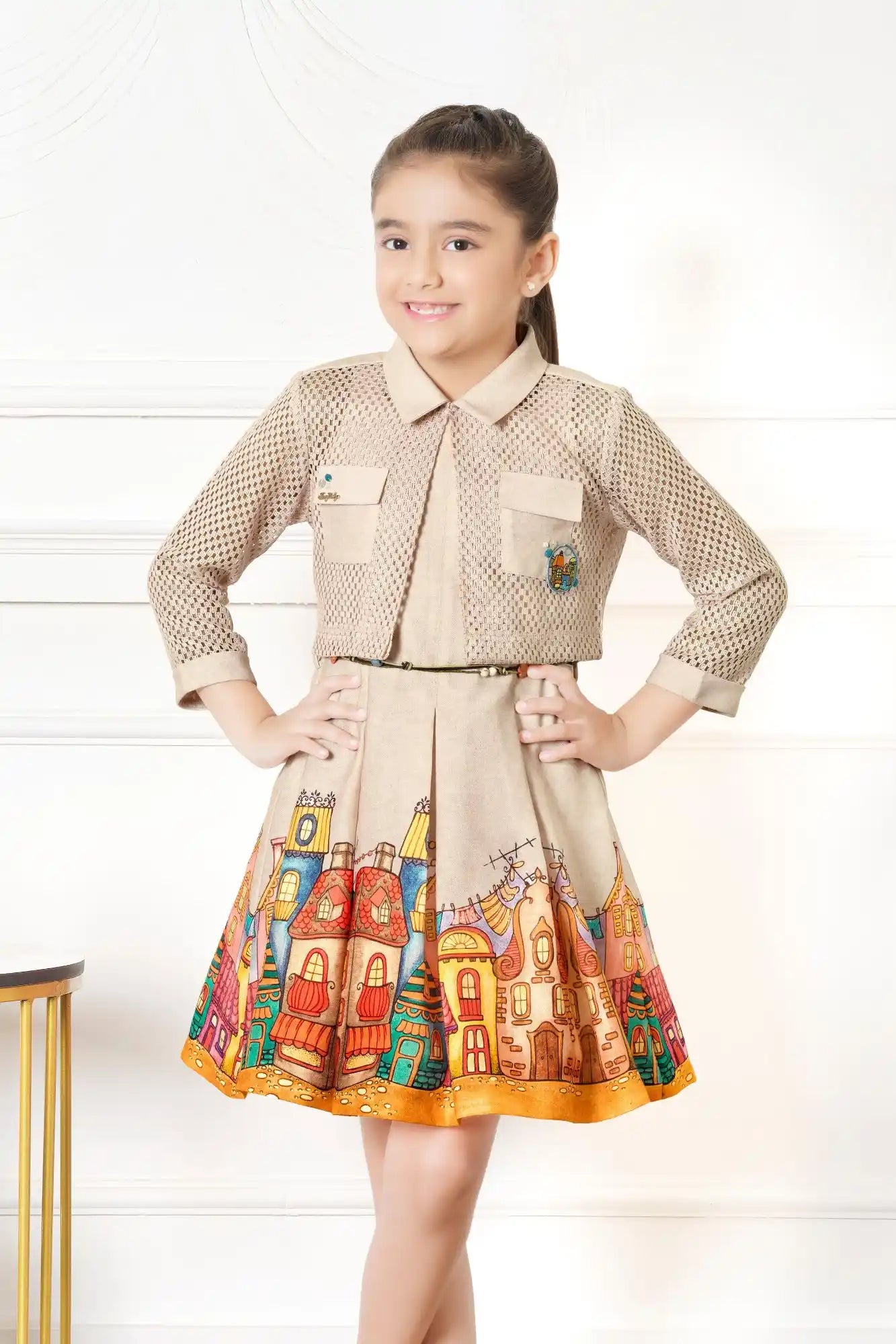 Dreamy Cream Cityscape Dress for Girls