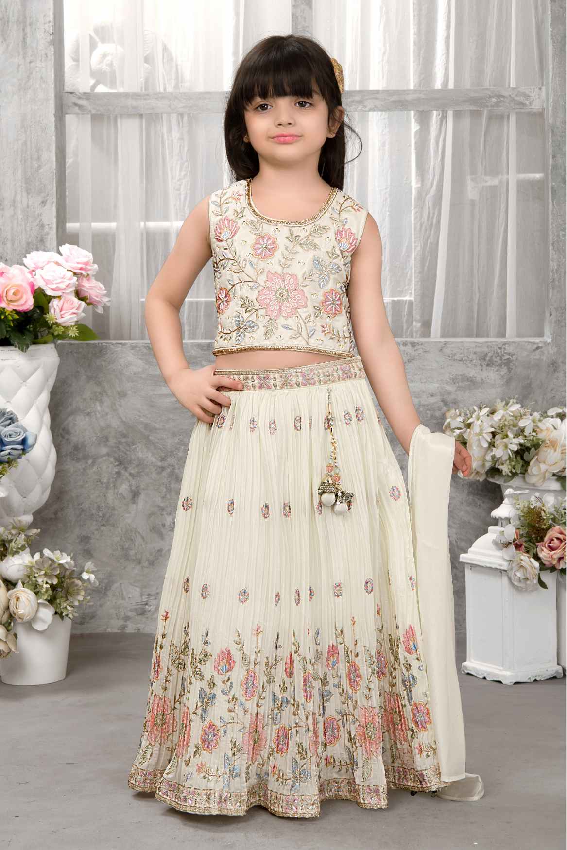Cream Floral Embroidered Lehenga Choli Set For Girls